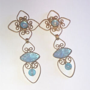 Vintage Gold Tone & Blue AB Matte Rhinestones Door Knocker Clip On Earrings